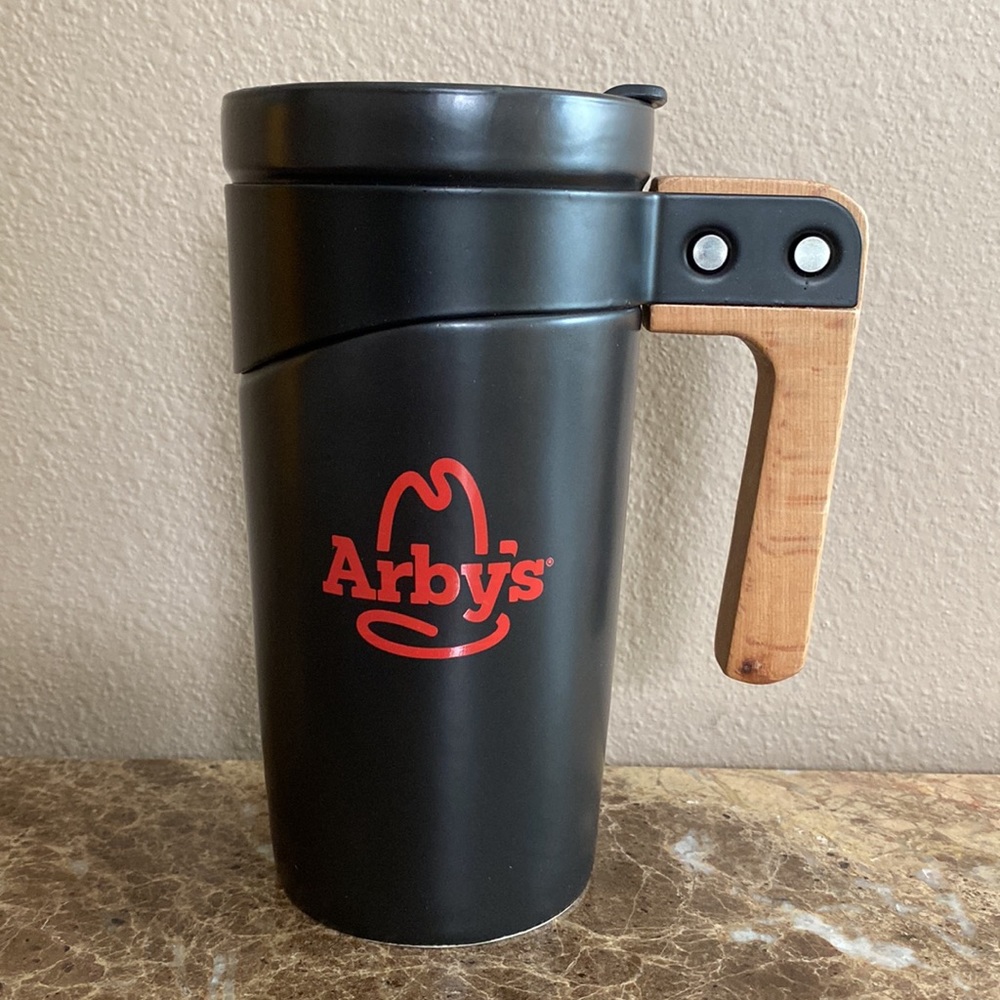 Arby’s Thermal Tumbler 16-fl oz/2 cups, Black w/ Wood Handle/Red Arby’s logo NIB